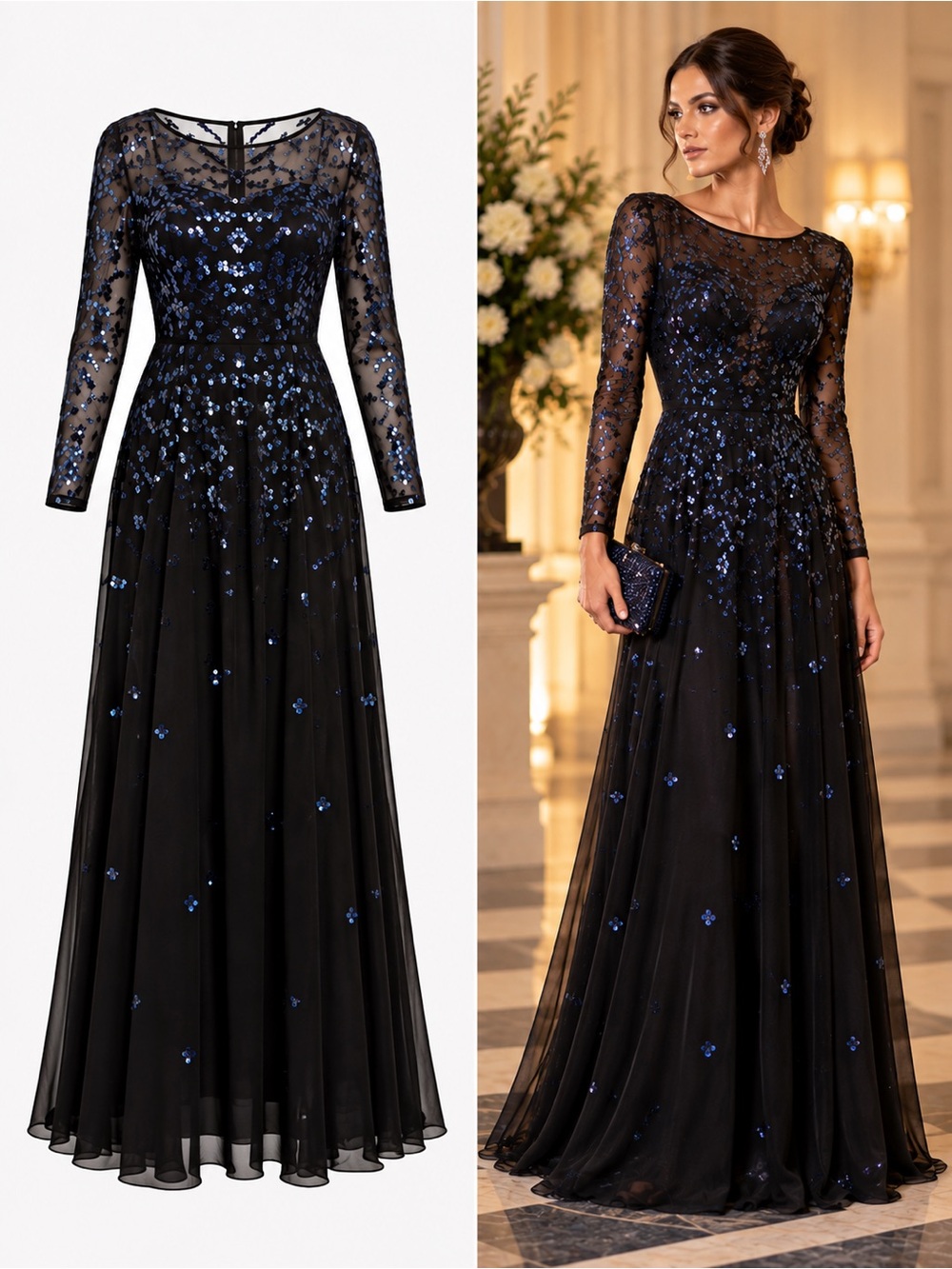 Temperley London Black Blue Sequin Maxi Gown Long Sleeve 6 Formal NWOT 🟠